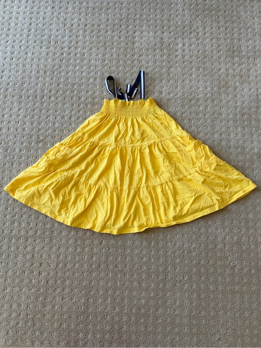 Ralph Lauren Girls’ Yellow Tiered Smocked Sundress With Navy/White Straps, Size